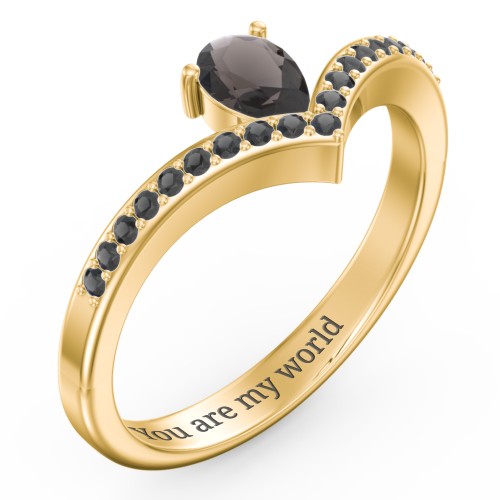 Pear Birthstone V-Shape Ring With Accents – 18K Gold Plated Silver with Smokey Quartz and Black Premium Zirconia