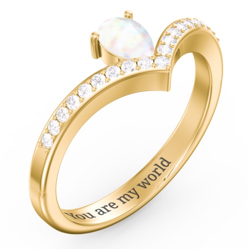 Pear Birthstone V-Shape Ring With Accents – 18K Gold Plated Silver with Opal and White Premium Zirconia