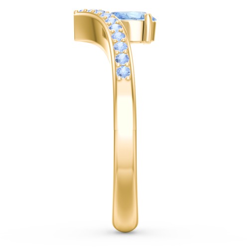 Pear Birthstone V-Shape Ring With Accents – 18K Gold Plated Silver with Blue Topaz and Fancy Blue Premium Zirconia