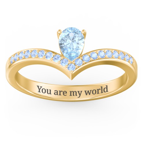 Pear Birthstone V-Shape Ring With Accents – 18K Gold Plated Silver with Aquamarine and Fancy Blue Premium Zirconia
