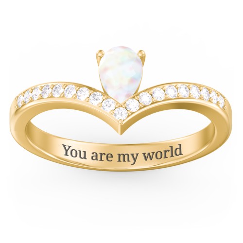 Pear Birthstone V-Shape Ring With Accents – 18K Gold Plated Silver with Opal and White Premium Zirconia
