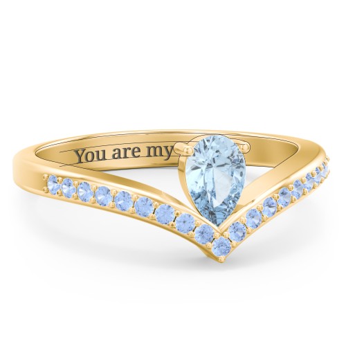 Pear Birthstone V-Shape Ring With Accents – 18K Gold Plated Silver with Aquamarine and Fancy Blue Premium Zirconia