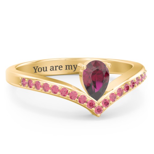 Pear Birthstone V-Shape Ring With Accents – 18K Gold Plated Silver with Ruby and Red Premium Zirconia