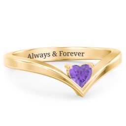 Heart Birthstone V-Shape Ring in 18K Gold Plated Silver with Amethyst