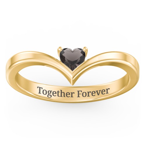 Heart Birthstone V-Shape Ring – 18K Gold Plated Silver with Smokey Quartz