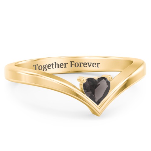Heart Birthstone V-Shape Ring – 18K Gold Plated Silver with Smokey Quartz