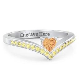 Heart Birthstone V-Shape Ring With Accents