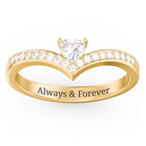 Heart Birthstone V-Shape Ring With Accents – 18K Gold Plated Silver with Cubic Zirconia and White Premium Zirconia