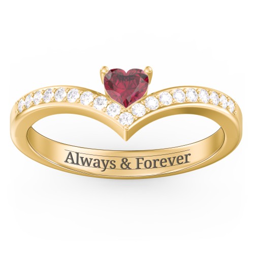 Heart Birthstone V-Shape Ring With Accents – 18K Gold Plated Silver with Ruby and White Premium Zirconia