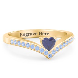 Heart Birthstone V-Shape Ring With Accents in 18K Gold Plated Silver with Blue Sapphire and Fancy Blue Premium Zirconia