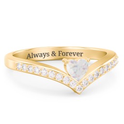 Heart Birthstone V-Shape Ring With Accents in 18K Gold Plated Silver with Opal and White Premium Zirconia