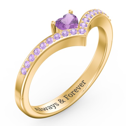 Heart Birthstone V-Shape Ring With Accents – 18K Gold Plated Silver with Amethyst and Amethyst Premium Zirconia
