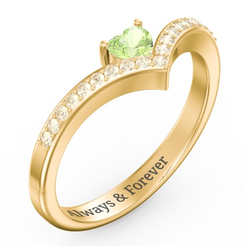 Heart Birthstone V-Shape Ring With Accents – 18K Gold Plated Silver with Peridot and Fancy Yellow Premium Zirconia
