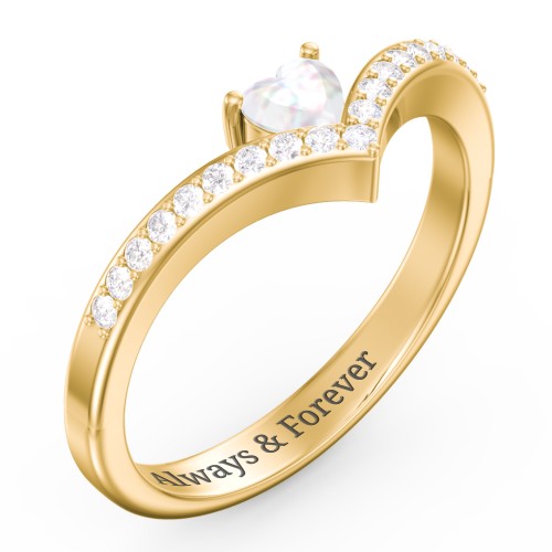 Heart Birthstone V-Shape Ring With Accents – 18K Gold Plated Silver with Opal and White Premium Zirconia