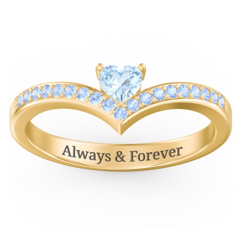 Heart Birthstone V-Shape Ring With Accents – 18K Gold Plated Silver with Aquamarine and Fancy Blue Premium Zirconia
