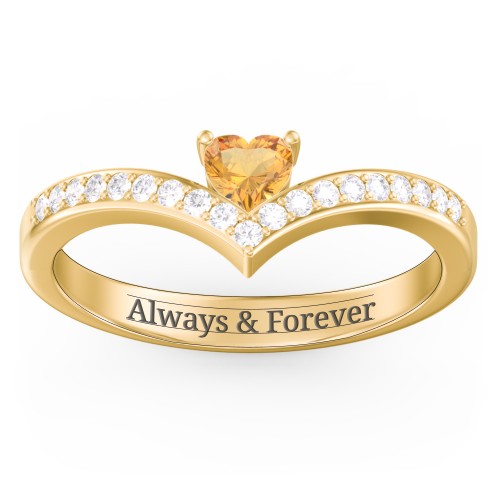 Heart Birthstone V-Shape Ring With Accents – 18K Gold Plated Silver with Citrine and White Premium Zirconia