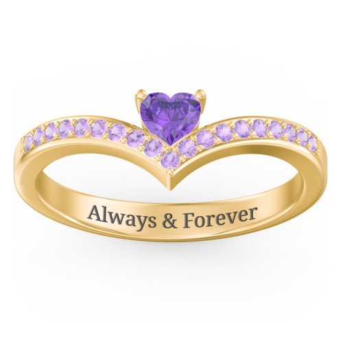 Heart Birthstone V-Shape Ring With Accents – 18K Gold Plated Silver with Amethyst and Amethyst Premium Zirconia