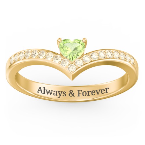 Heart Birthstone V-Shape Ring With Accents – 18K Gold Plated Silver with Peridot and Fancy Yellow Premium Zirconia