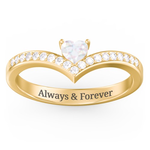 Heart Birthstone V-Shape Ring With Accents – 18K Gold Plated Silver with Opal and White Premium Zirconia