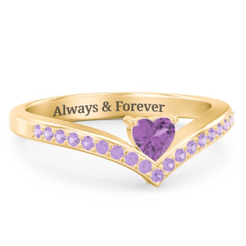 Heart Birthstone V-Shape Ring With Accents – 18K Gold Plated Silver with Amethyst and Amethyst Premium Zirconia
