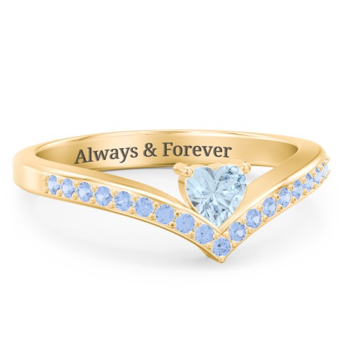 Heart Birthstone V-Shape Ring With Accents – 18K Gold Plated Silver with Aquamarine and Fancy Blue Premium Zirconia