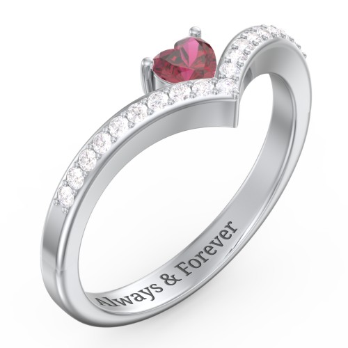 Heart Birthstone V-Shape Ring With Accents – 10K White Gold with Ruby and White Premium Zirconia