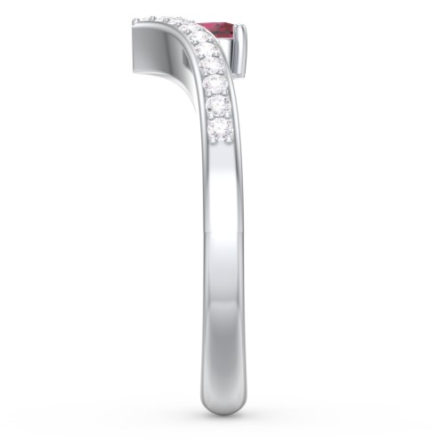 Heart Birthstone V-Shape Ring With Accents – 10K White Gold with Ruby and White Premium Zirconia
