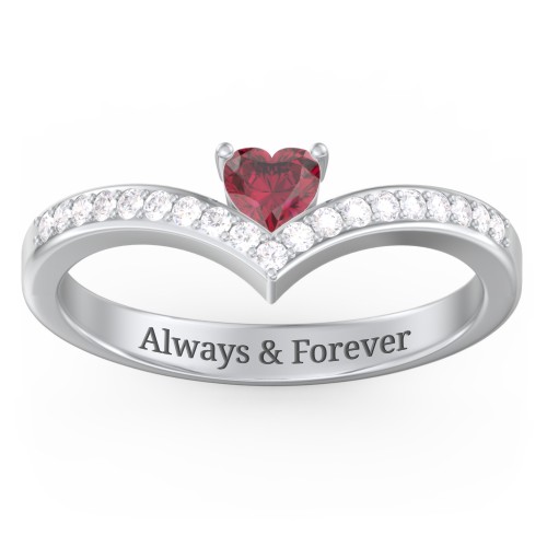 Heart Birthstone V-Shape Ring With Accents – 10K White Gold with Ruby and White Premium Zirconia