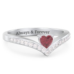 Heart Birthstone V-Shape Ring With Accents – 10K Yellow Gold with Ruby and White Premium Zirconia