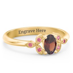 Oval Birthstone Ring With Petal Accents in 18K Gold Plated Silver with Garnet and Red Premium Zirconia