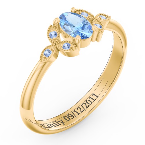 Oval Birthstone Ring With Petal Accents – 18K Gold Plated Silver with Blue Topaz and Fancy Blue Premium Zirconia
