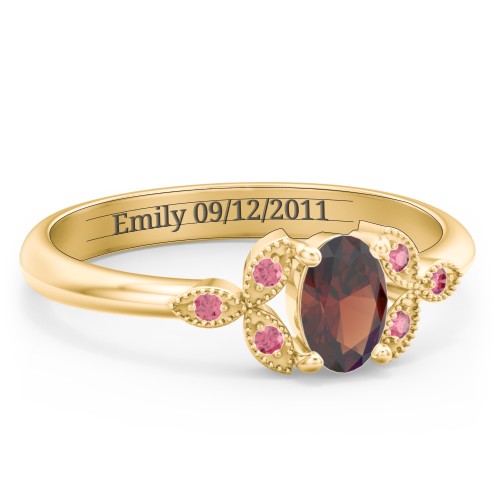 Oval Birthstone Ring With Petal Accents – 18K Gold Plated Silver with Garnet and Red Premium Zirconia
