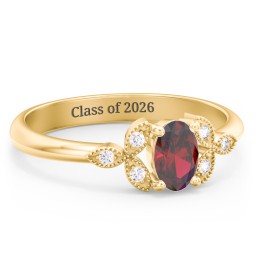 Oval Birthstone Ring With Petal Accents in 18K Gold Plated Silver with Garnet and White Premium Zirconia