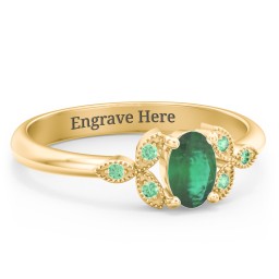 Oval Birthstone Ring With Petal Accents in 18K Gold Plated Silver with Emerald and Green Premium Zirconia