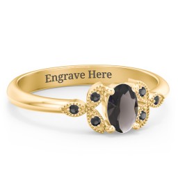 Oval Birthstone Ring With Petal Accents in 18K Gold Plated Silver with Smokey Quartz and Black Premium Zirconia