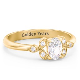 Oval Birthstone Ring With Petal Accents in 18K Gold Plated Silver with Cubic Zirconia and White Premium Zirconia