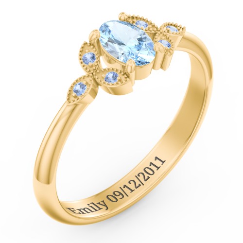 Oval Birthstone Ring With Petal Accents – 18K Gold Plated Silver with Aquamarine and Fancy Blue Premium Zirconia