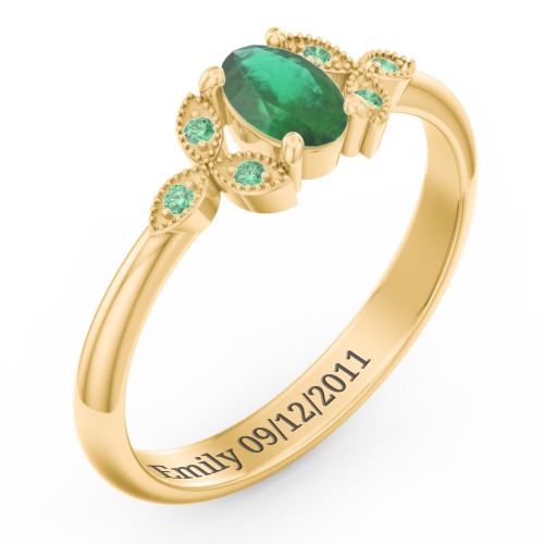 Oval Birthstone Ring With Petal Accents – 18K Gold Plated Silver with Emerald and Green Premium Zirconia