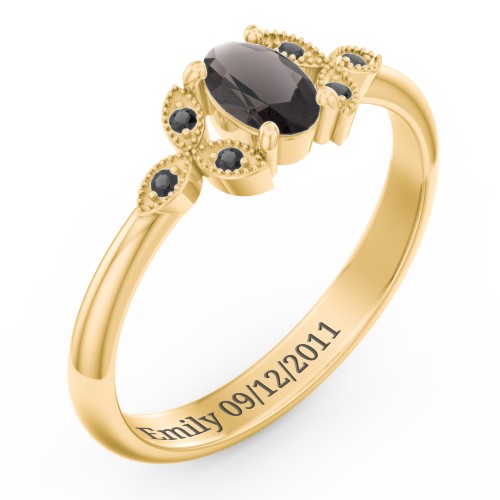 Oval Birthstone Ring With Petal Accents – 18K Gold Plated Silver with Smokey Quartz and Black Premium Zirconia