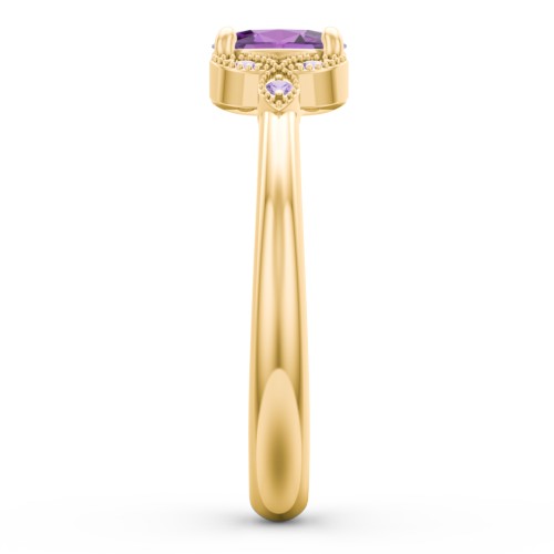 Oval Birthstone Ring With Petal Accents – 18K Gold Plated Silver with Amethyst and Amethyst Premium Zirconia