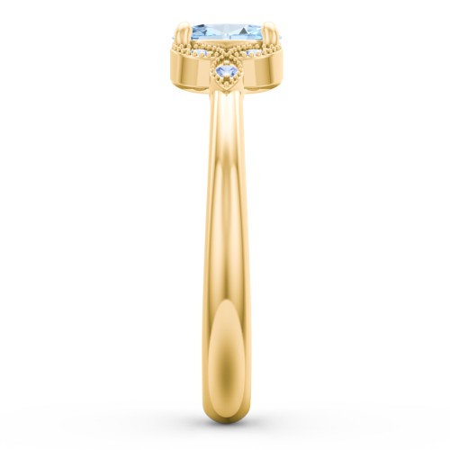 Oval Birthstone Ring With Petal Accents – 18K Gold Plated Silver with Aquamarine and Fancy Blue Premium Zirconia