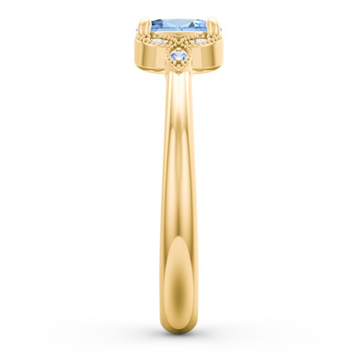 Oval Birthstone Ring With Petal Accents – 18K Gold Plated Silver with Blue Topaz and Fancy Blue Premium Zirconia