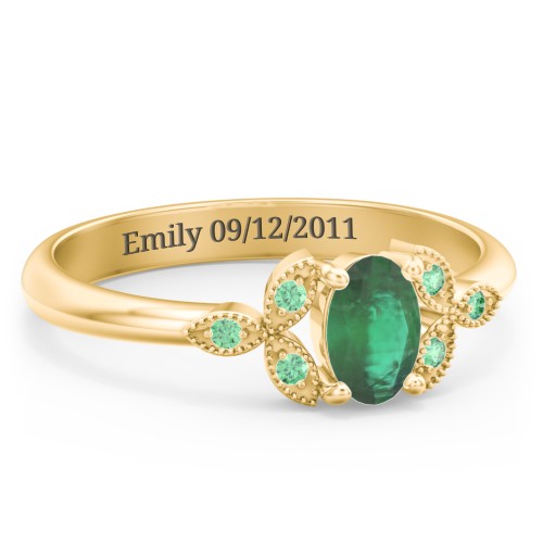 Oval Birthstone Ring With Petal Accents – 18K Gold Plated Silver with Emerald and Green Premium Zirconia