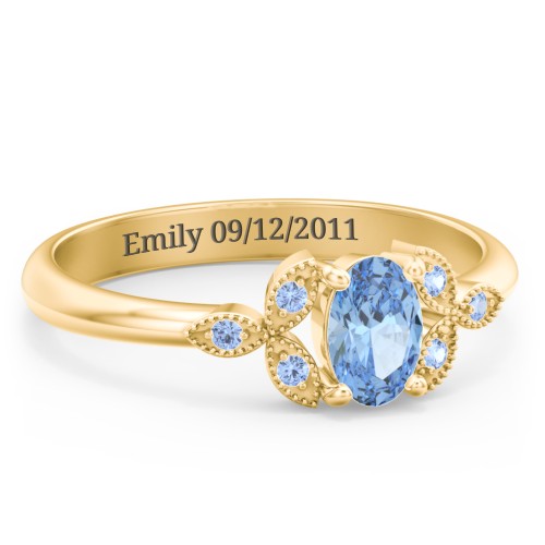 Oval Birthstone Ring With Petal Accents – 18K Gold Plated Silver with Blue Topaz and Fancy Blue Premium Zirconia