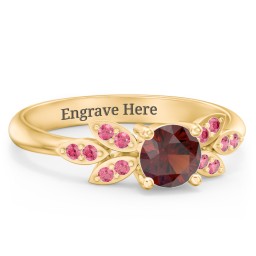 Round Birthstone Ring With Petal Accents in 18K Gold Plated Silver with Garnet and Red Premium Zirconia