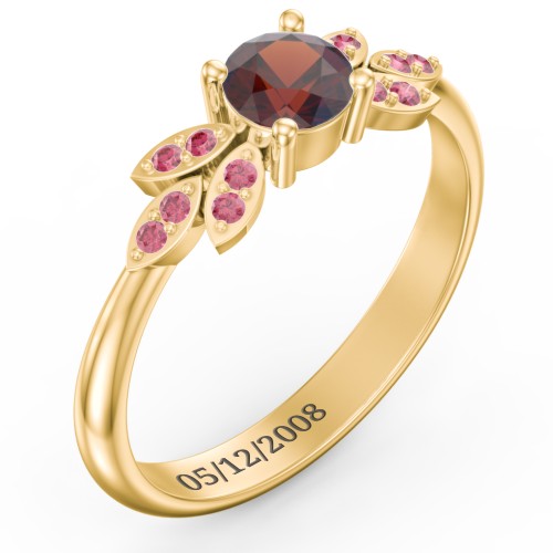 Round Birthstone Ring With Petal Accents – 18K Gold Plated Silver with Garnet and Red Premium Zirconia