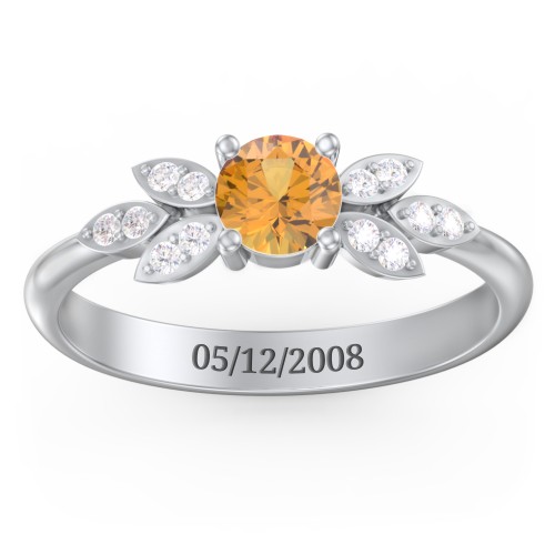 Round Birthstone Ring With Petal Accents