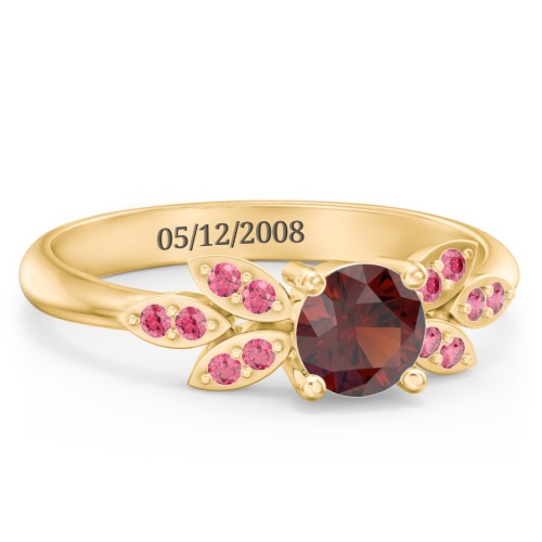 Round Birthstone Ring With Petal Accents – 18K Gold Plated Silver with Garnet and Red Premium Zirconia