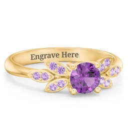 Round Birthstone Ring With Petal Accents in 18K Gold Plated Silver with Amethyst and Amethyst Premium Zirconia