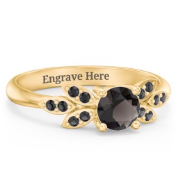 Round Birthstone Ring With Petal Accents in 18K Gold Plated Silver with Smokey Quartz and Black Premium Zirconia